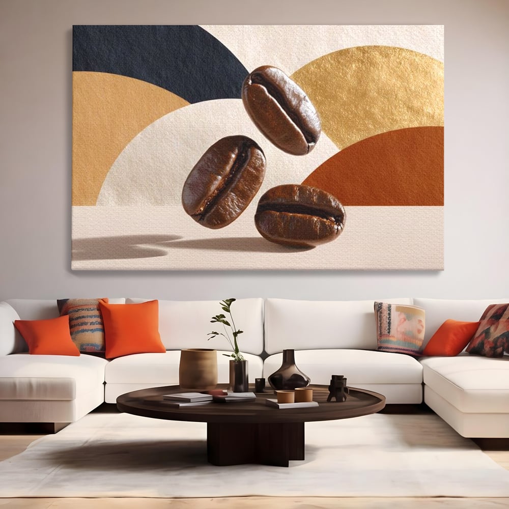Tablou canvas cu tablou canvas cu boabe de cafea, fara rama, pe sasiu de lemn, pe perete intr-un living